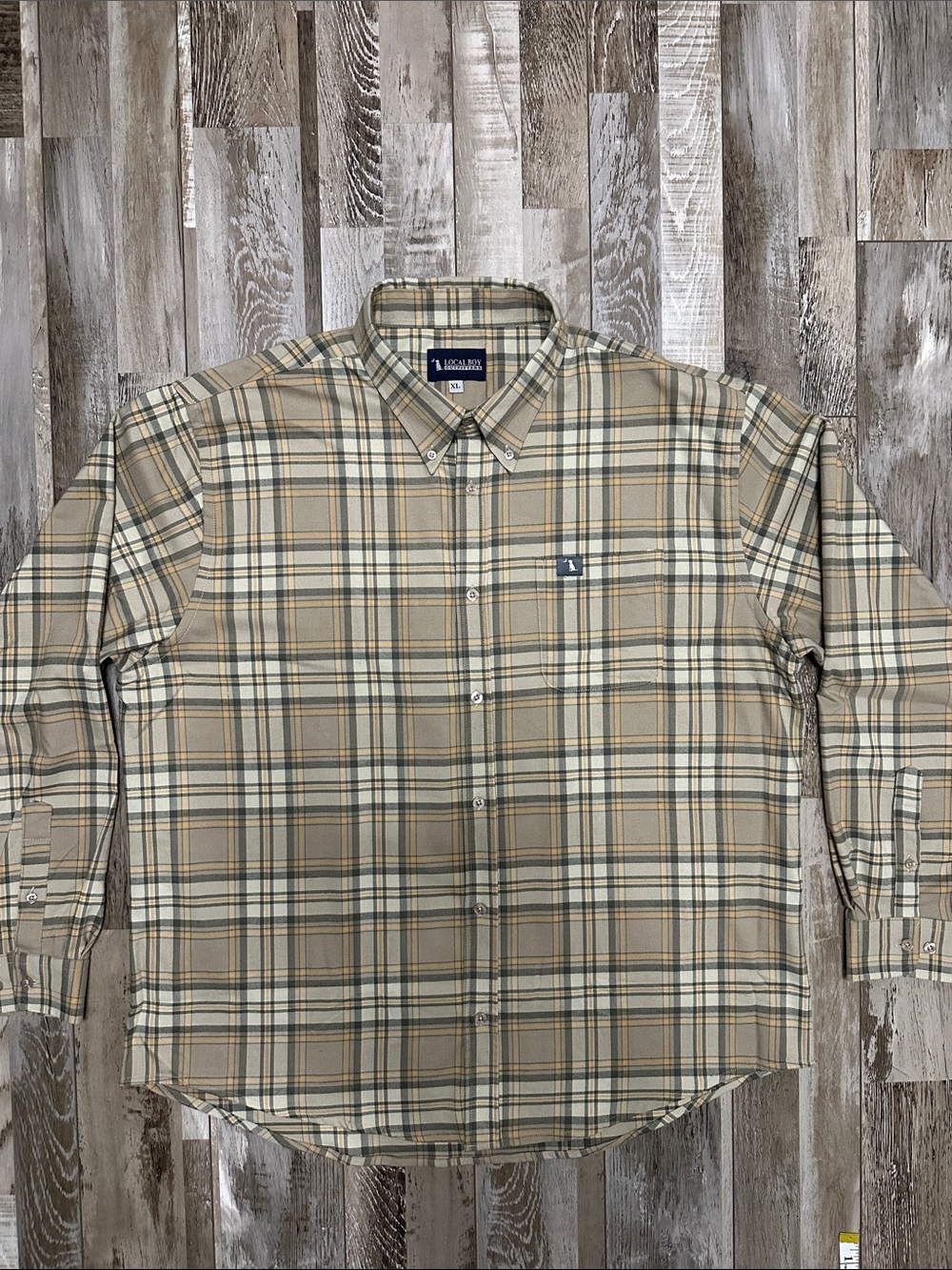 Local Boy Men's Flannel Stretch Tan/ Green/yellow Plaid Button-Down Shirt NWOT